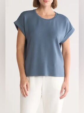 T Tahari Slate Blue Roll-Sleeve Crewneck Top